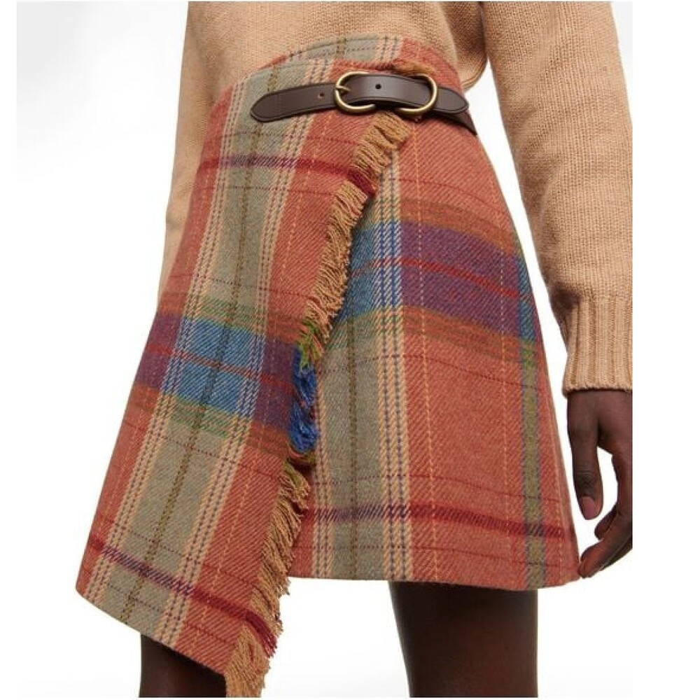 Polo Ralph Lauren Plaid Fringe-and-Leather-Trim Wrap Skirt Wool Blend Size XL 16